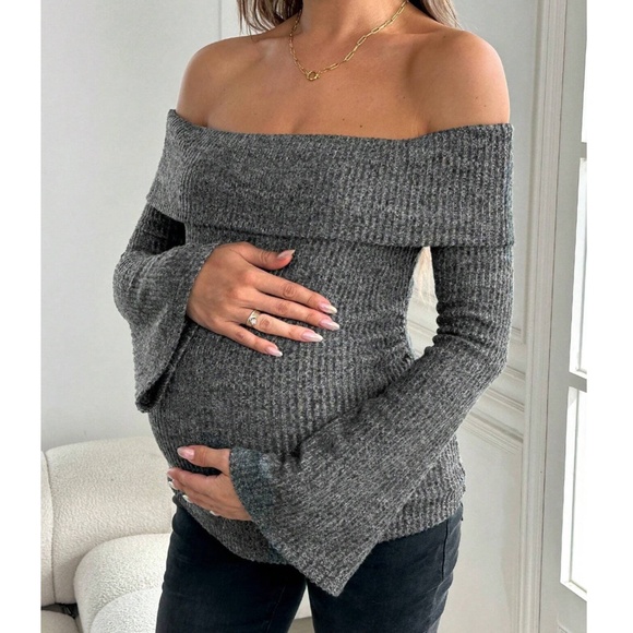 Maternity Ribbed Off Shoulder Flare Long Sleeve Top - Picture 8 of 10
